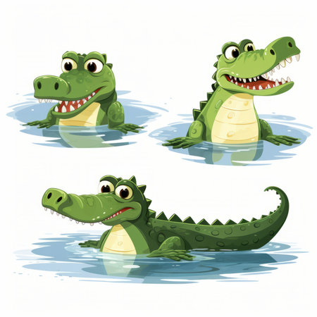 Crocodile cartoon character set. Vector illustration isolated on white background.の素材