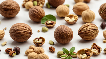 Walnuts, pistachios, hazelnuts and walnuts with leaves on white backgroundの素材