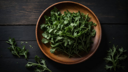 Fresh green arugula leaves in wooden bowl on black wooden backgroundの素材