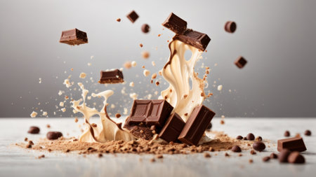 Chocolate falling into the air with splashes of milk and chocolate piecesの素材