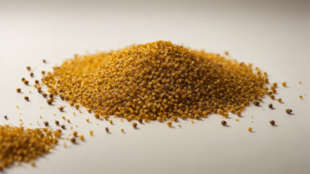 Mustard seeds on a white acrylic background. Selective focus.の素材