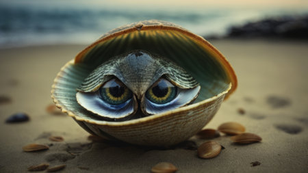 Close-up of an eye in a shell on the beach.の素材