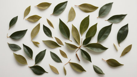Bay leaves on white background. Top view. Flat lay. Copy space.の素材