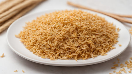 Raw uncooked long rice in white plate and chopsticks on white marble backgroundの素材