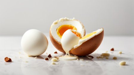 Boiled egg with broken eggshell on white background, closeupの素材