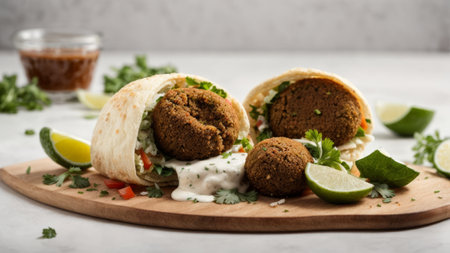 Traditional mexican falafel with tzatziki sauce and limeの素材