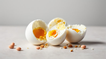 Boiled eggs with yolk on white background. Healthy food concept.の素材