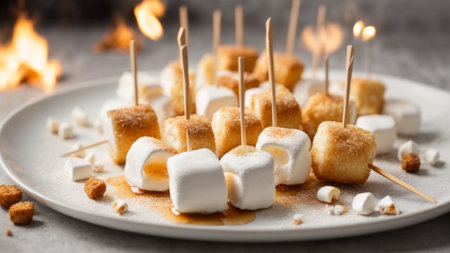 Marshmallows on skewers with caramel sauce on a white plateの素材