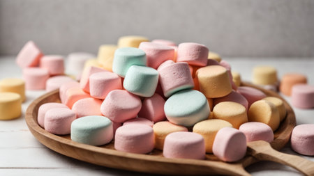 Colorful marshmallows in wooden bowl on white wooden table.の素材