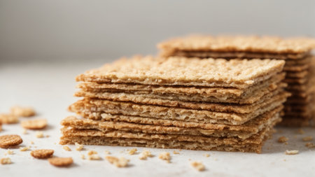Stack of crispbreads on light background, closeup. Healthy snackの素材