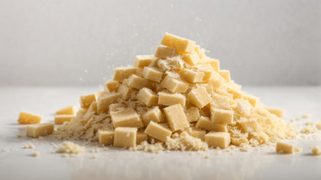 Pile of grated parmesan cheese on a white backgroundの素材