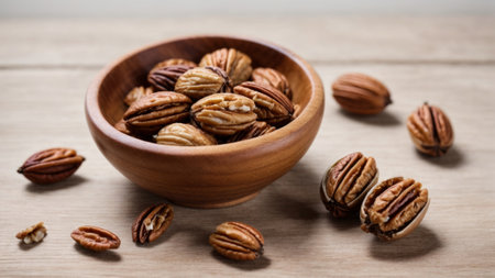 Pecan nuts in a wooden bowl on a wooden background.の素材