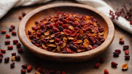 Dried cranberries and goji berries in a wooden bowl on a wooden tableの素材