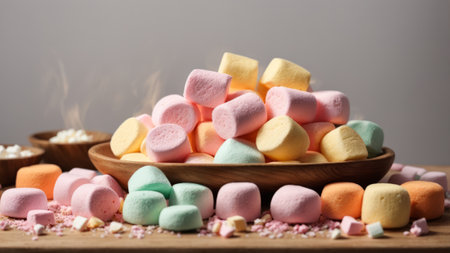 Colorful marshmallows in bowl on wooden table, closeupの素材