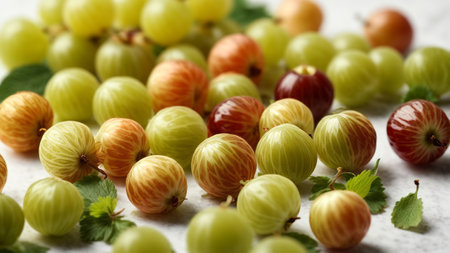 Fresh ripe gooseberries with green leaves on light table, closeupの素材