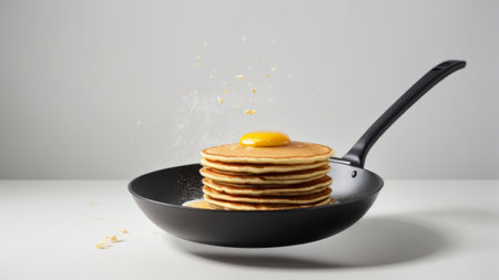 Pancakes falling into a frying pan on a white background.の素材