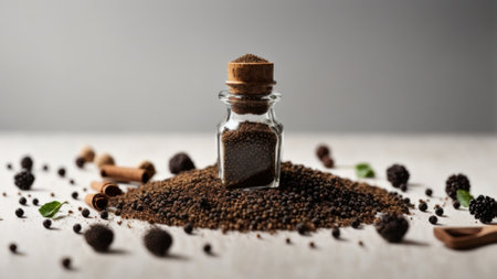 Black pepper in a glass bottle and spices on a wooden table.の素材