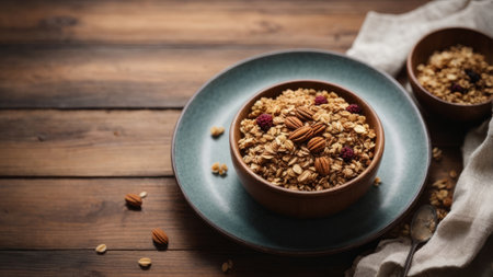 Homemade granola with nuts and dried berries in a bowl on a wooden backgroundの素材
