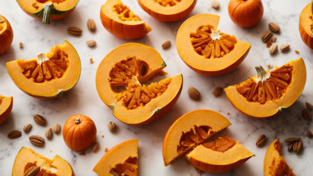Pumpkin slices on white marble background, top view. Autumn foodの素材