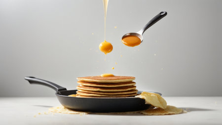 Pancakes falling from a frying pan with honey on a white backgroundの素材