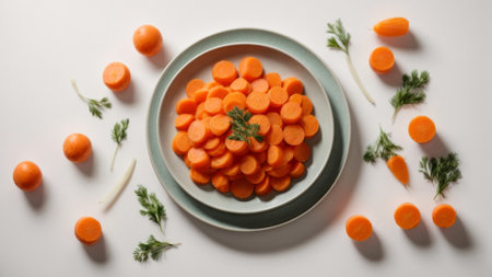 Sliced carrots in a plate on a white background, top viewの素材