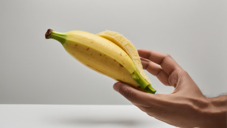 Male hand holding banana on white background, closeup. Concept of healthy eating.の素材
