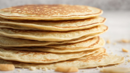 Stack of tasty pancakes on light background, closeup. Delicious breakfastの素材