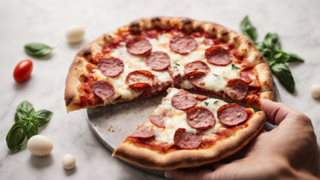 Pizza with salami and mozzarella cheesele backgroundの素材