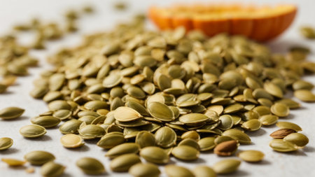 Pumpkin seeds on a white background. Selective focus.の素材