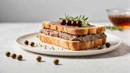 Sandwich with liver pate and cranberries on white marble backgroundの素材