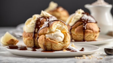 Cream Puff Pastry with Whipped Cream and Chocolate Sauceの素材