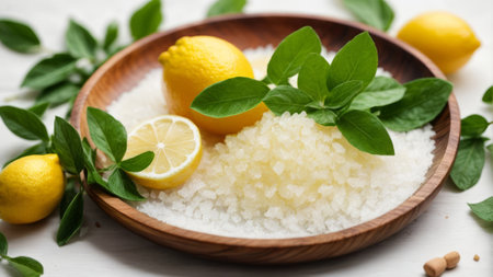 Spa salt with lemon and mint on white wooden table, closeupの素材