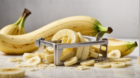 Sliced bananas in a metal shopping cart on a light backgroundの素材