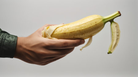 Man's hand holding a peeled banana on gray background, close upの素材