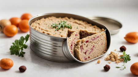 Canned chicken liver pate in a tin can on white marble backgroundの素材