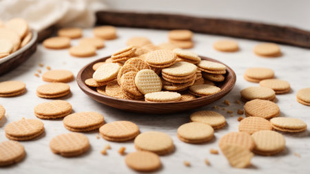 Wooden bowl with tasty cookies on table, closeup. Space for textの素材