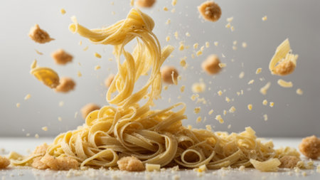 close up of flying pasta on white background with falling pieces of crumbsの素材