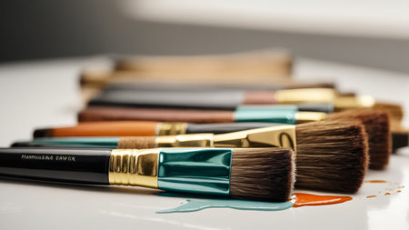 Paintbrushes on a white background, close-up.の素材