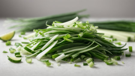 chopped green onions on a white background, close-up, selective focusの素材