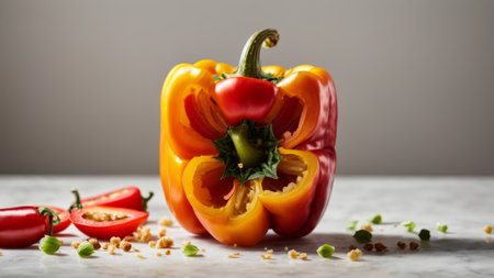 Sliced red and yellow bell pepper on white marble table.の素材
