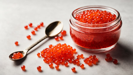 Red caviar in a glass jar and spoon on a light backgroundの素材