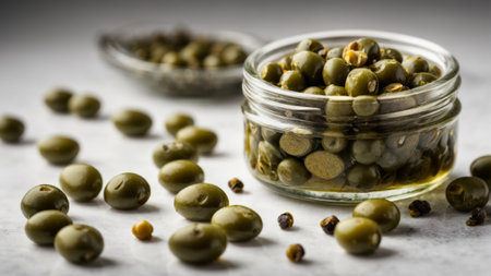 Canned green peas in a glass jar on a white background.の素材