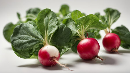 Fresh radishes with green leaves on a white background, selective focusの素材