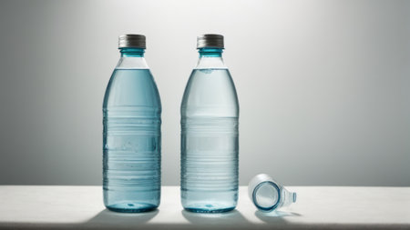 Bottles of water on a white table, isolated on gray backgroundの素材