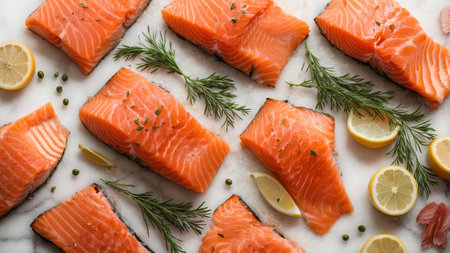Fresh salmon with lemon and dill on white marble table, top viewの素材