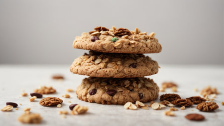 oatmeal cookies with nuts and raisins on a light backgroundの素材