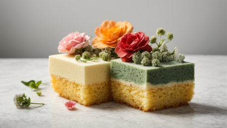 A piece of cake with flowers on a white marble table, selective focusの素材