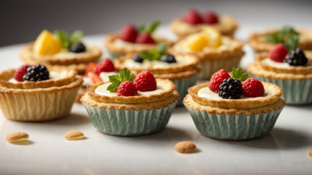 Delicious tartlets with berries and mint on white table, closeupの素材