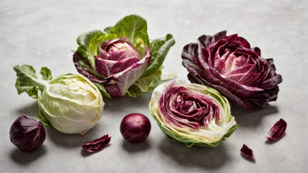 Fresh purple and white radicchio heads on a light background.の素材