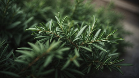 Green rosemary bush closeup. Selective focus. Nature backgroundの素材